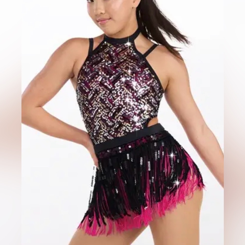 Sparkling Sequin Kids Dance Costume with Pink Fringe
